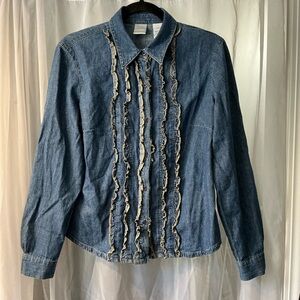 Emma James size 10 Denim Ruffle Button-Up Shirt.